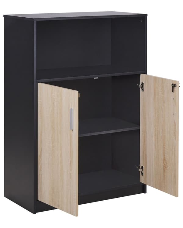 Kaappi musta vaalea puu 80 x 40 cm lastulevy metallikahvat lukittava avohylly 2 hyllyä 2 ovea moderni
