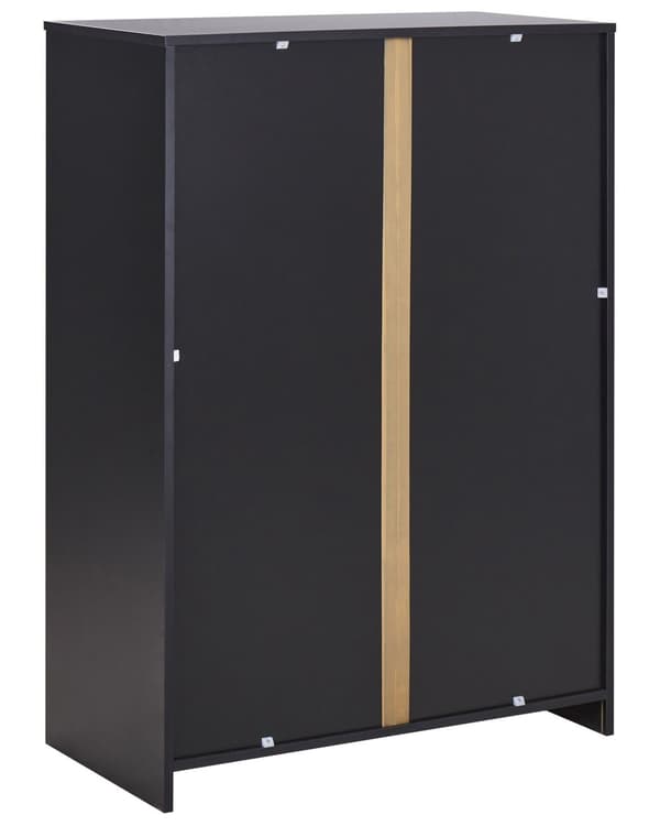 Kaappi musta vaalea puu 80 x 40 cm lastulevy metallikahvat lukittava avohylly 2 hyllyä 2 ovea moderni