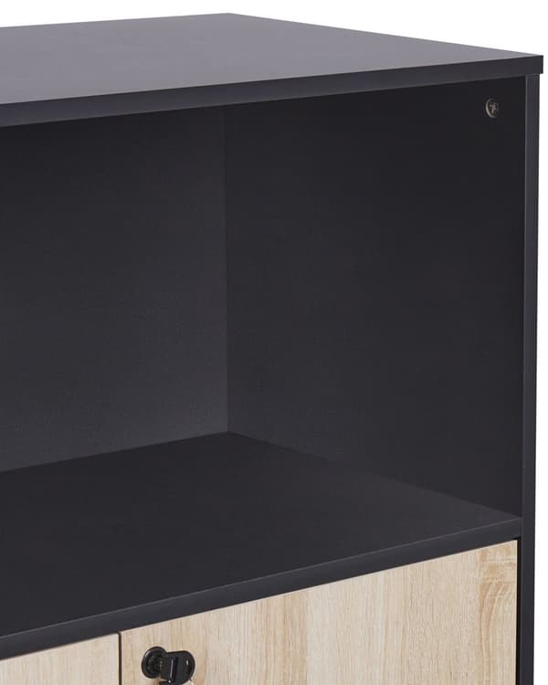 Kaappi musta vaalea puu 80 x 40 cm lastulevy metallikahvat lukittava avohylly 2 hyllyä 2 ovea moderni