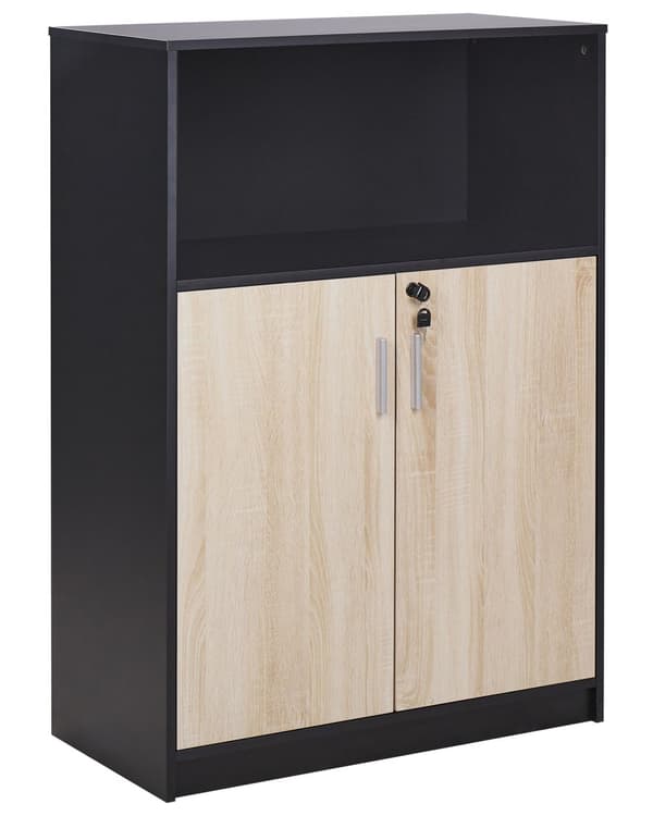 Kaappi musta vaalea puu 80 x 40 cm lastulevy metallikahvat lukittava avohylly 2 hyllyä 2 ovea moderni