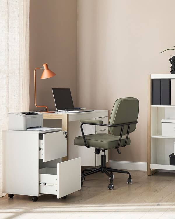 Kontorsförvaringsenhet i vitt trä med hjul 2 lådor med nyckellås Industriell modern design