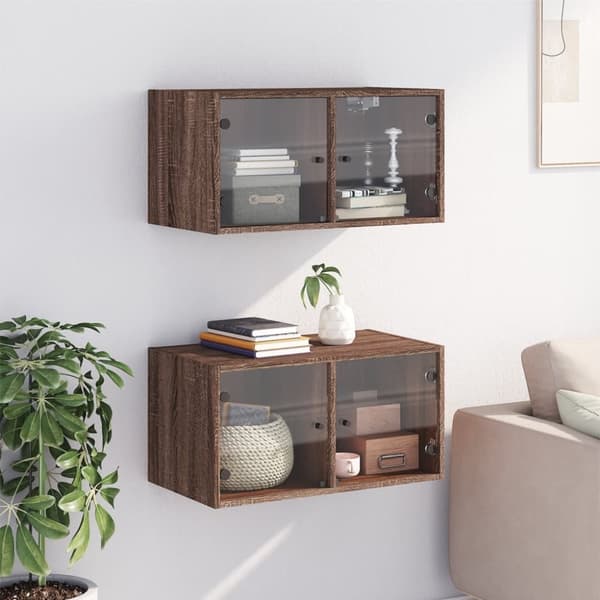 vidaXL Veggskap med glassdører 2 stk brun eik 68,5x37x35 cm