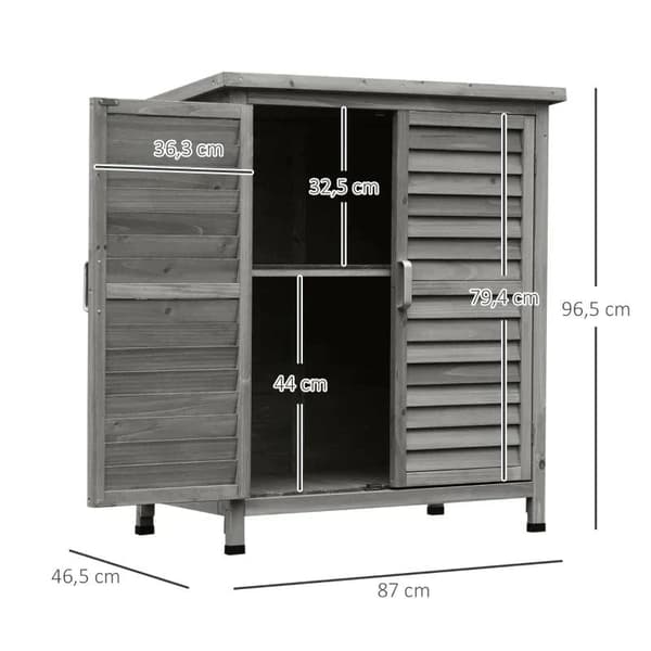 Rootz-puutarhakaappi - Työkaluvaja - Puutyökaluvaja - Työkalukaappi - Puinen kota Pent Katto - Bitumipahvi - Säleovet - Harmaa - 87 x 46,5 x 96,5 cm