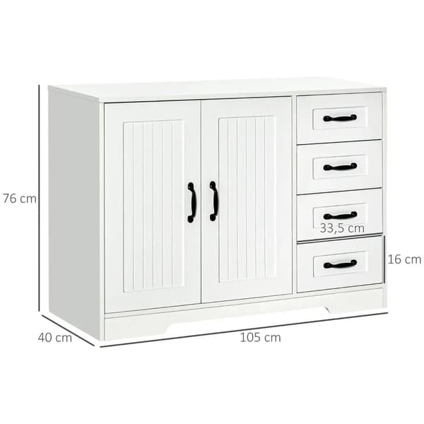 Rootz Opbevaringsskab - Skænk Kommode - Moderne Stil - 4 skuffer - 1 skab - Spånplade - Hvid - 105 Cm X 40 Cm X 76 Cm