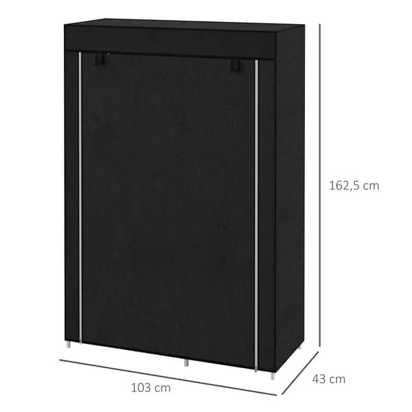 Rootz Stofskab - Stofskab - Stofskab - Opbevaringsløsning - 6 hylder - 1 Tøjstang - Ikke-vævet stof - Sort - 103L x 43W x 162,5H cm