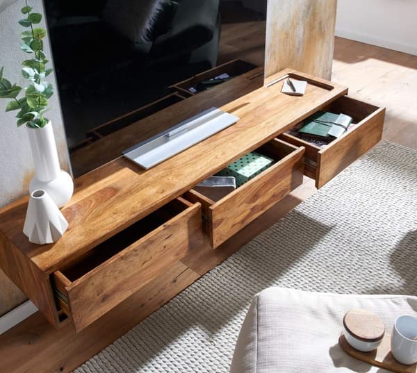 Rootz Modern Design TV-pohjakaappi - Lowboard - Viihdekeskus - Käsintehty - Sheesham Wood - 160cm x 25cm x 35cm - Kaukosäätimen säilytystila - Kolme l