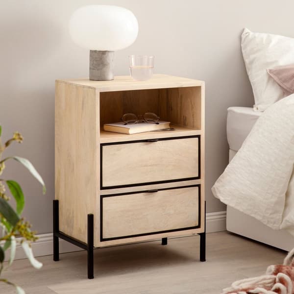 Rootz Modern Sengebord - Natbord - Endebord - Metal og træ - 43 cm x 60 cm x 30 cm - Håndlavet - Unikt design - Skuffe og rum - Lysebrun og sort - 5 k