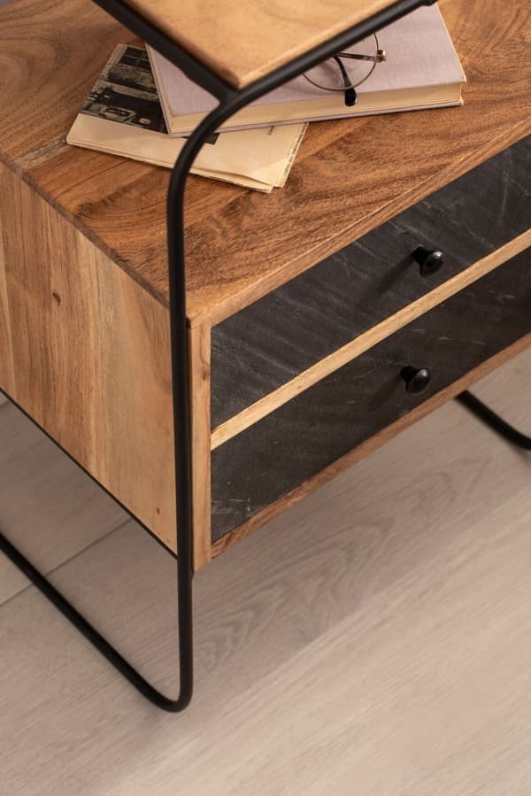 Rootz Industrial Style Sängbord - Nattduksbord - Avslutsbord - 3D Stone Look - Naturligt trä ådring - 40cm x 60cm x 30cm