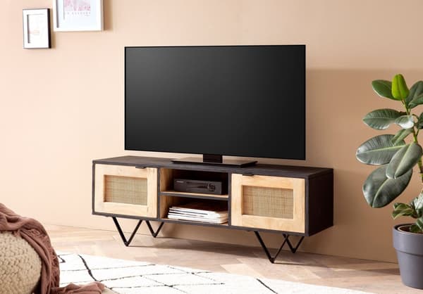 Rootz Modern Design TV Stand - Lowboard - Mediekonsol - Brun og sort - V-formede ben - Canework dørfronter - 120cm x 44cm x 35cm - Mangotræ - Kabelsty