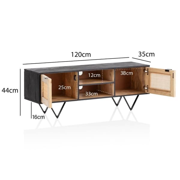 Rootz Modern Design TV Stand - Lowboard - Mediekonsol - Brun og sort - V-formede ben - Canework dørfronter - 120cm x 44cm x 35cm - Mangotræ - Kabelsty
