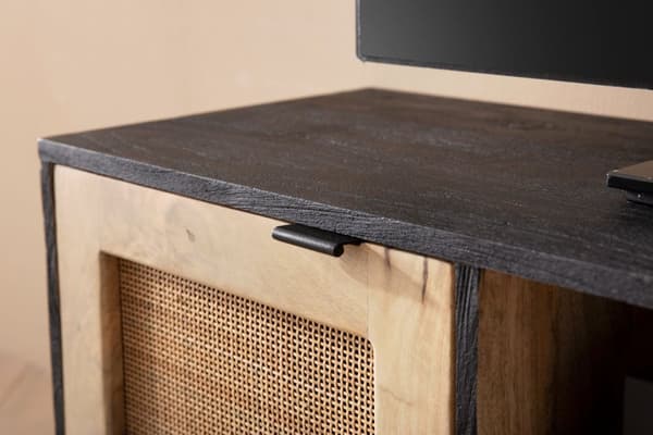 Rootz Modern Design TV Stand - Lowboard - Mediekonsol - Brun og sort - V-formede ben - Canework dørfronter - 120cm x 44cm x 35cm - Mangotræ - Kabelsty