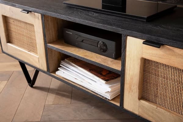 Rootz Modern Design TV Stand - Lowboard - Mediekonsol - Brun og sort - V-formede ben - Canework dørfronter - 120cm x 44cm x 35cm - Mangotræ - Kabelsty