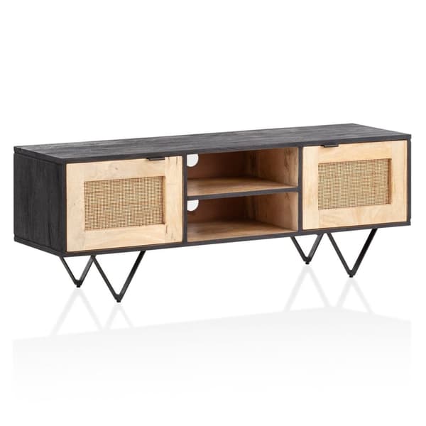 Rootz Modern Design TV Stand - Lowboard - Mediekonsol - Brun og sort - V-formede ben - Canework dørfronter - 120cm x 44cm x 35cm - Mangotræ - Kabelsty