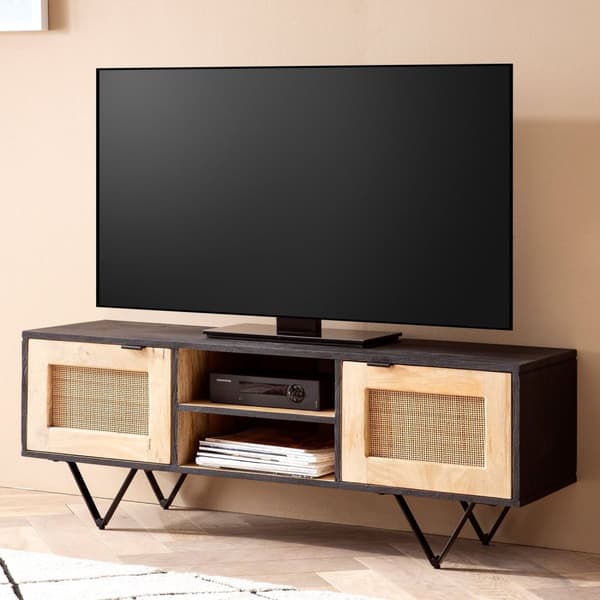 Rootz Modern Design TV Stand - Lowboard - Mediekonsol - Brun og sort - V-formede ben - Canework dørfronter - 120cm x 44cm x 35cm - Mangotræ - Kabelsty