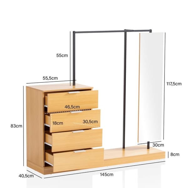 Rootz 3-delt garderobesæt - Organisering af tøj - Kommode - Eg indretning - Rummelig opbevaring - Spejl - 145 cm x 138 cm x 40,5 cm