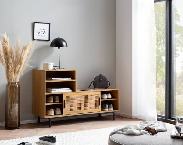 Rootz Modern Design -vaatekaappipenkki - Istuin harmaalla kangaspäällyksellä - Liukuoven säilytystila - Tammipinnoite - Säädettävät hyllyt - 120 cm x