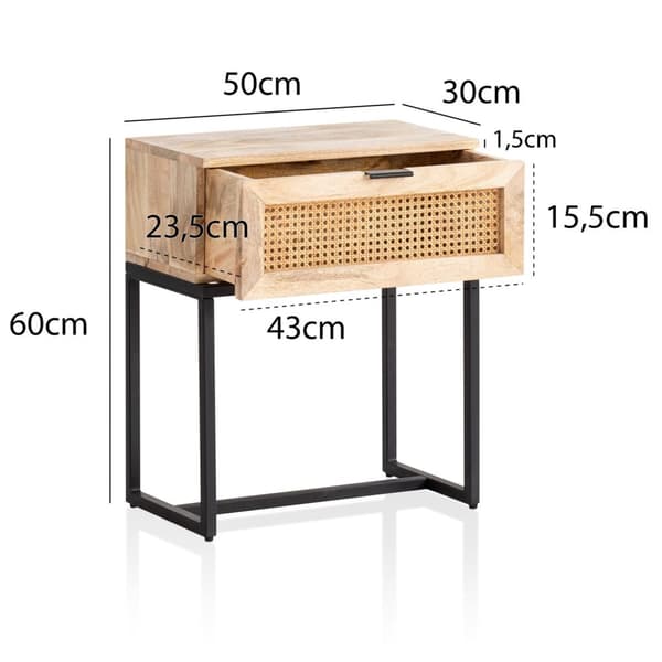 Rootz Modern Sengebord - Natbord - Rattanskuffe - Mangotræ - Håndlavet - Wienervævet - Naturligt trækorn - Sort metalstel - 50 cm x 60 cm x 30 cm
