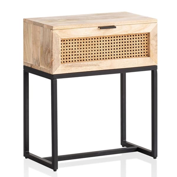 Rootz Modern Sengebord - Natbord - Rattanskuffe - Mangotræ - Håndlavet - Wienervævet - Naturligt trækorn - Sort metalstel - 50 cm x 60 cm x 30 cm