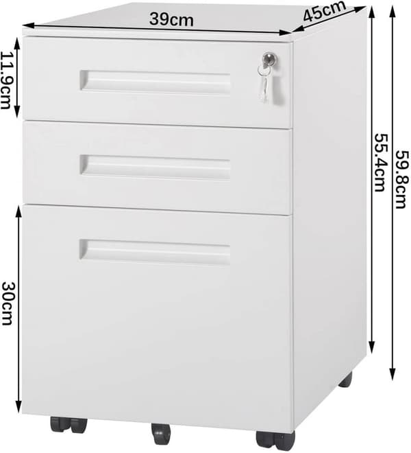 Rootz Roll Container Kontorskab - Opbevaringsenhed - Arkivskab - Formonteret - Sikker låsning - Forbedret mobilitet - Metal, Hvid - 45cm x 60cm x 39cm