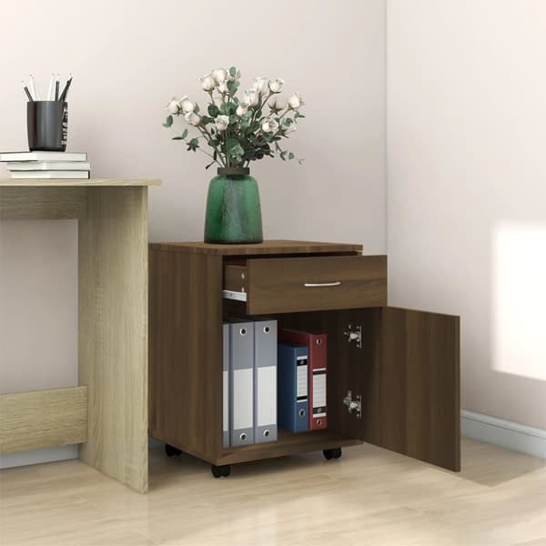 vidaXL skab med hjul 45x38x54 cm konstrueret træ brun egetræsfarve -  Opbevaringsskabe