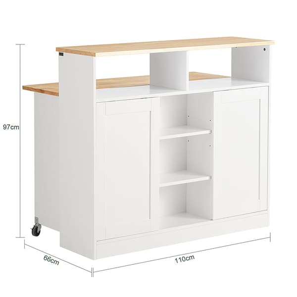 Rootz moderne skænk med skydedøre - Køkkenø - Kommode - Justerbare hylder - Sammenfoldelig arbejdsflade - Gummitræ & MDF - 110 cm x 97 cm x 66 cm - Hv