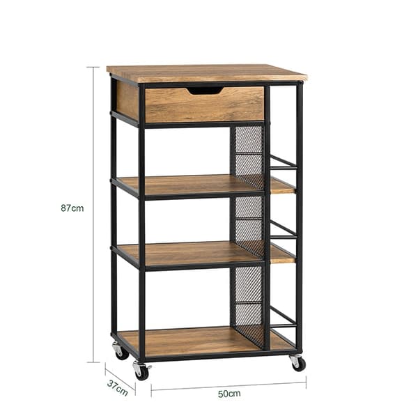 Rootz Serveringsvagn FKW99-N - Sidovagn - Multifunktionsskåp - MDF och metall - 3-våningsförvaring - Mobil med låsbromsar - 50cm x 87cm x 37cm