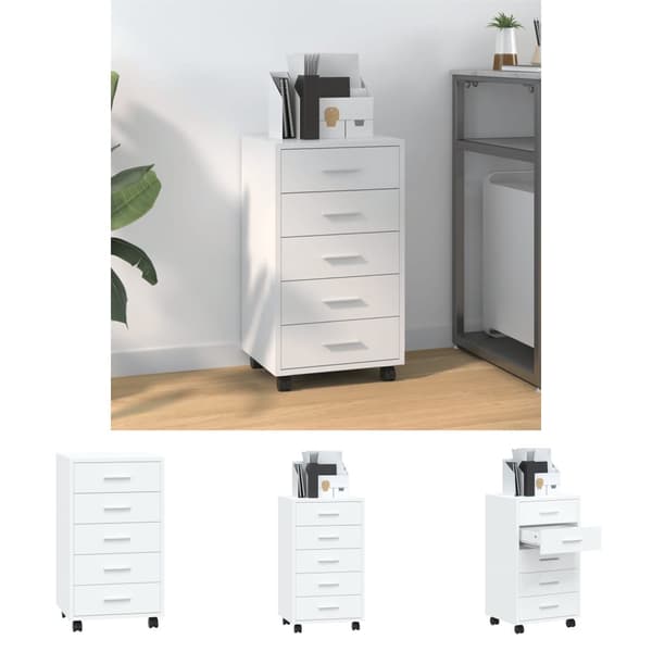 The Living Store kommode med hjul konstrueret træ hvid højglans -  Opbevaringsskabe