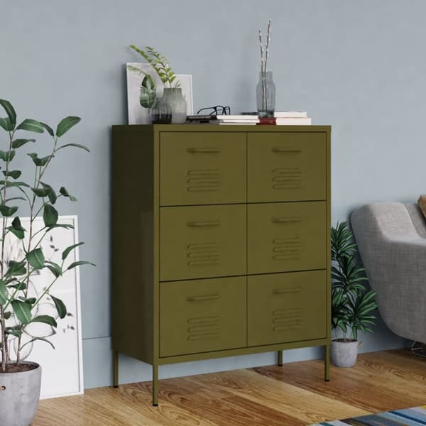 The Living Store kommode 80x35x101,5 cm stål olivengrøn - Opbevaringsskabe
