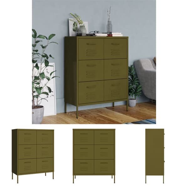 The Living Store kommode 80x35x101,5 cm stål olivengrøn - Opbevaringsskabe