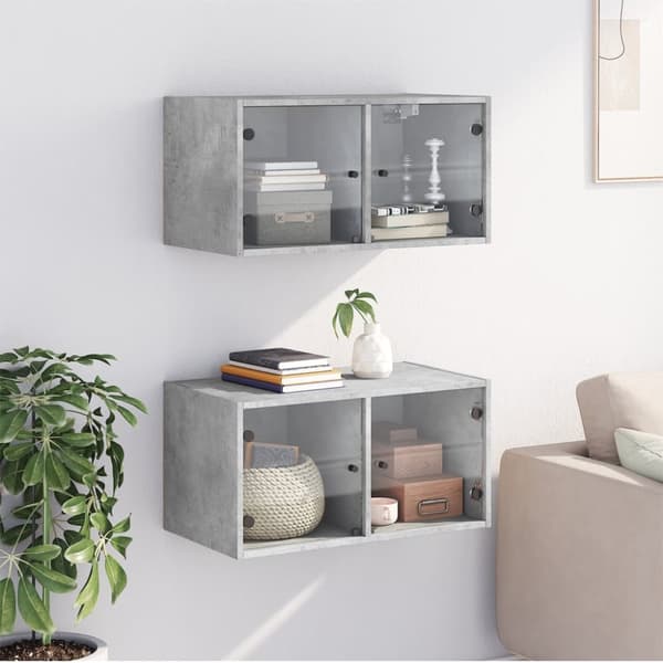 The Living Store vægskabe 2 stk. med glaslåger 68,5x37x35 cm betongrå -  Opbevaringsskabe