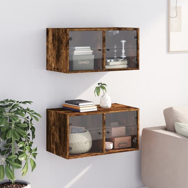 The Living Store vægskabe 2 stk. med glaslåger 68,5x37x35 cm røget egetræsfarve -  Opbevaringsskabe