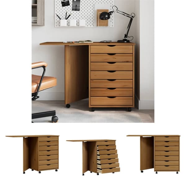 The Living Store skuffeskab med skrivebordsplade MOSS massivt fyr gyldenbrun -  Opbevaringsskabe