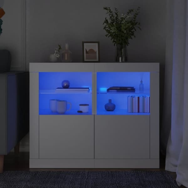 The Living Store Sängbord med LED-lampor 2 st vit konstruerat trä - Förvaringsskåp & garderober