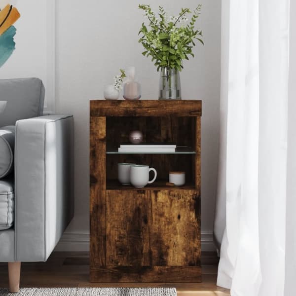 The Living Store skab med LED-lys konstrueret træ røget egetræsfarve -  Opbevaringsskabe