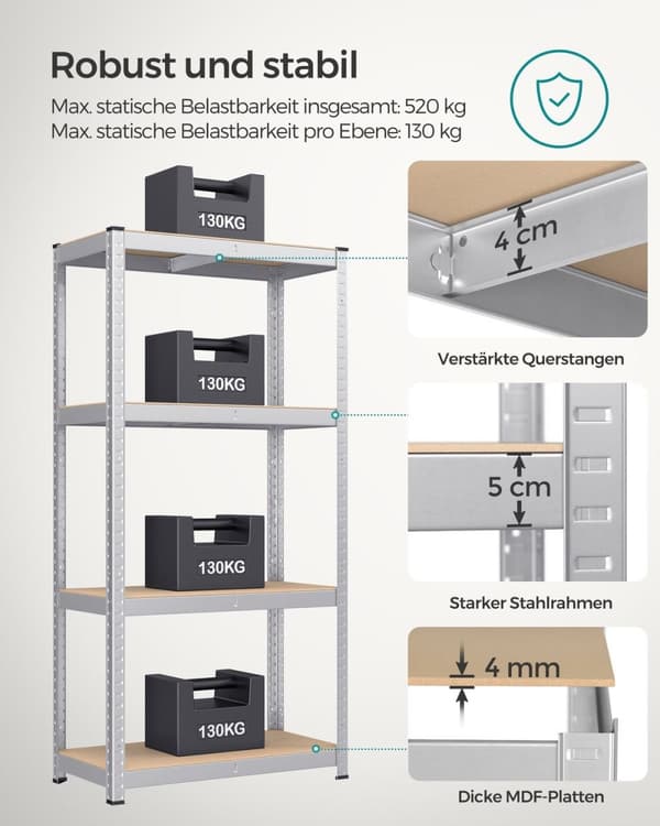 Rootz 2-pak sølv opbevaringsstativ - Reol - Metalhylder - Galvaniseret stål - MDF - Heavy Duty - 40 cm x 80 cm x 160 cm