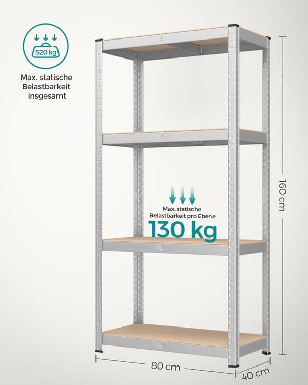 Rootz 2-pak sølv opbevaringsstativ - Reol - Metalhylder - Galvaniseret stål - MDF - Heavy Duty - 40 cm x 80 cm x 160 cm
