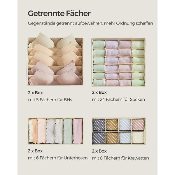 Rootz 8-delat set Underkläder Organizer - Underkläder Förvaring - Lådavdelare - Non-Woven Tyg - Kartong - PE Board - Beige - 32cm x 32cm x 10cm