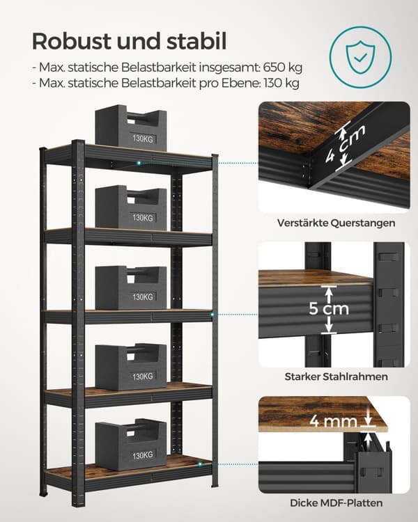Rootz opbevaringsstativ - Reolsystem - Organizer - Stålramme - Træhylder - Justerbar - Rustbestandig - 150cm x 75cm x 30cm