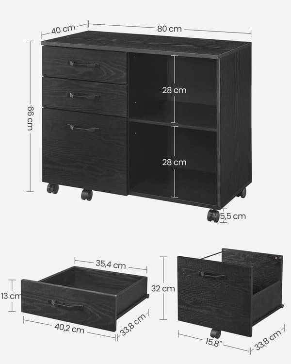 Rootz Rolling Container - Säilytyskärry - Järjestäjä - Lastulevy ja metalli - 40 cm x 80 cm x 66 cm - Musta puunsyypinnalla - Kevyt - Helppo koota - S