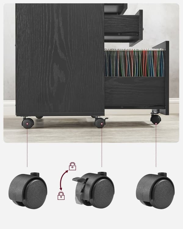 Rootz Rolling Container - Säilytyskärry - Järjestäjä - Lastulevy ja metalli - 40 cm x 80 cm x 66 cm - Musta puunsyypinnalla - Kevyt - Helppo koota - S