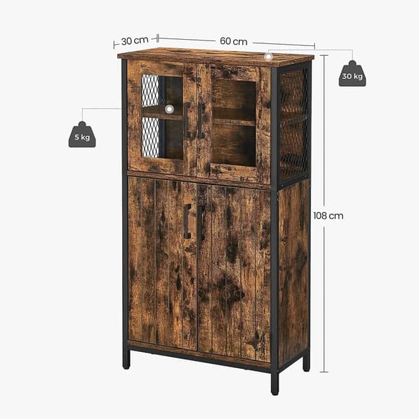 Rootz Vintage Brun-Svart Förvaringsskåp - Spånskiva Stål Glas - Högt skåp - Vitrinskåp - 30 kg Översta hyllkapacitet - 5 kg Per Hylla Kapacitet - 60 c