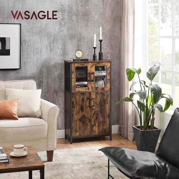 Rootz Vintage Brun-Svart Förvaringsskåp - Spånskiva Stål Glas - Högt skåp - Vitrinskåp - 30 kg Översta hyllkapacitet - 5 kg Per Hylla Kapacitet - 60 c