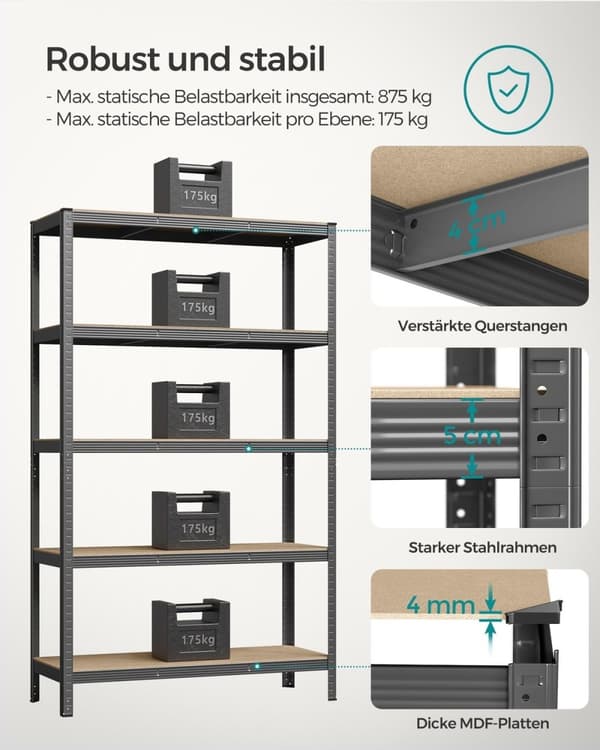 Rootz Grey Förvaringsställ - Hyllenhet - Organizer - Pulverlackerat stål - MDF - Heavy Duty - 60cm x 120cm x 200cm