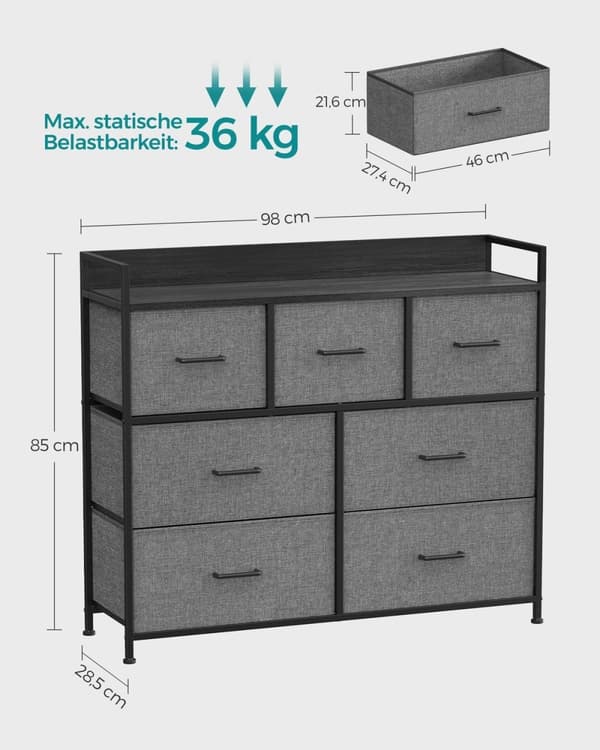 Rootz kommode med 3 skuffer - Opbevaringsskab - Grå sort trækorn - Spånplade Stål Non-Woven stof - Store skuffer - 28,5 cm x 98 cm x 85 cm - 12,8 kg V