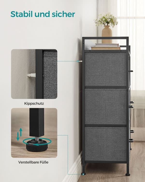 Rootz kommode med 3 skuffer - Opbevaringsskab - Grå sort trækorn - Spånplade Stål Non-Woven stof - Store skuffer - 28,5 cm x 98 cm x 85 cm - 12,8 kg V