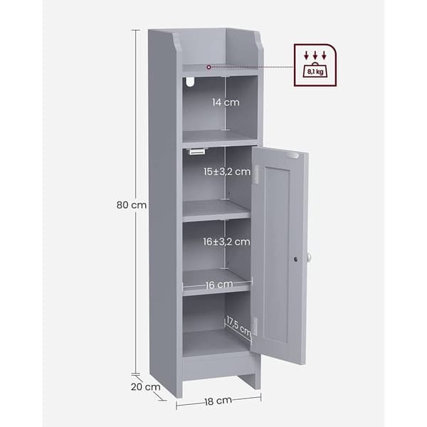 Rootz smalt badeværelsesskab - Opbevaringsskab - Organizer - MDF-materiale - Mystisk grå - 20 cm x 18 cm x 80 cm - Letvægts - Justerbare hylder - Nem