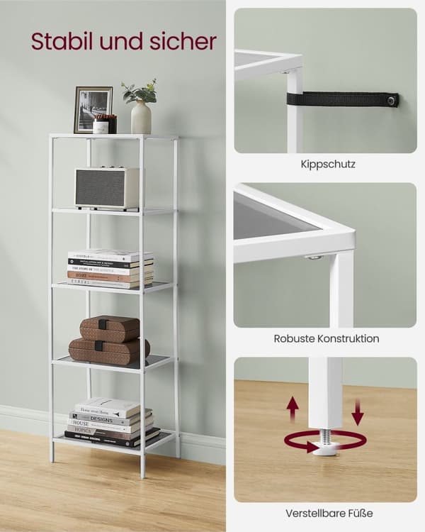 Rootz 3-lags metal- og glashylde - Opbevaringsstativ - Displaystativ - Slankt design - Nem montering - Alsidig brug - 30 cm x 40 cm x 124,5 cm