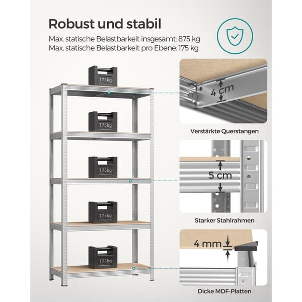 Rootz 2-delt sæt opbevaringsstativ - Garageorganisering - Stålhylder - Rustbestandig - Justerbar højde - 180 cm x 90 cm x 40 cm