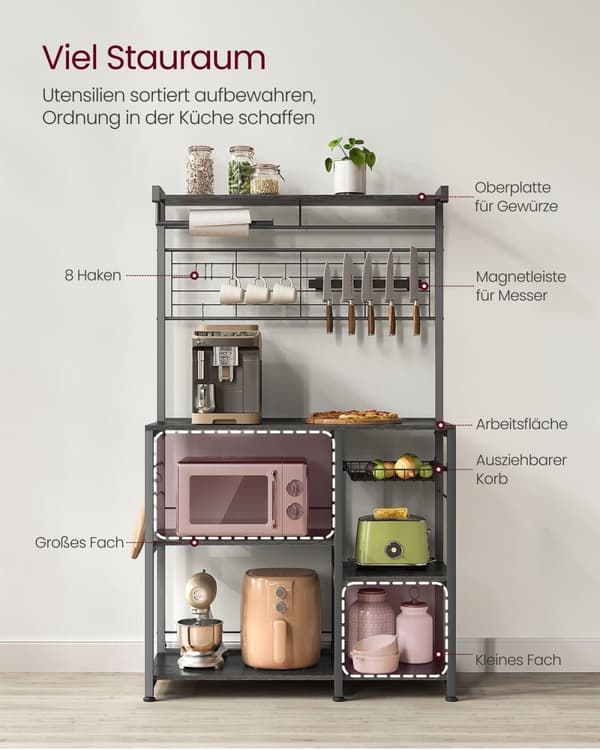 Rootz Ebony-Black Kitchen Baker's Rack - Säilytysteline - Järjestäjä - Lastulevy ja teräs - 42 cm x 90 cm x 167,3 cm - Raskas - Monikäyttöinen - Tilaa