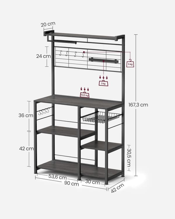 Rootz Ebony-Black Kitchen Baker's Rack - Säilytysteline - Järjestäjä - Lastulevy ja teräs - 42 cm x 90 cm x 167,3 cm - Raskas - Monikäyttöinen - Tilaa